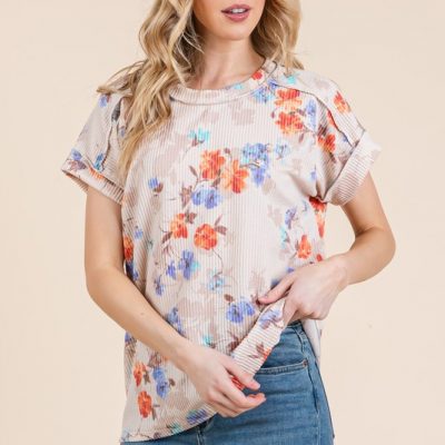 Floral Round Neck RIbbed T-Shirt - As Shown
