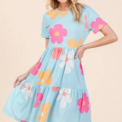 Floral Round Neck Short Sleeve Tiered Dress -  Pastel  Blue
