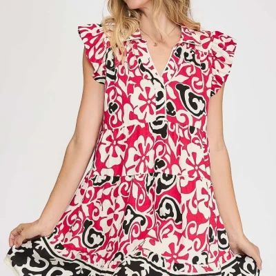 Floral Ruffled Cap Sleeve Tiered Dress - Deep Rose