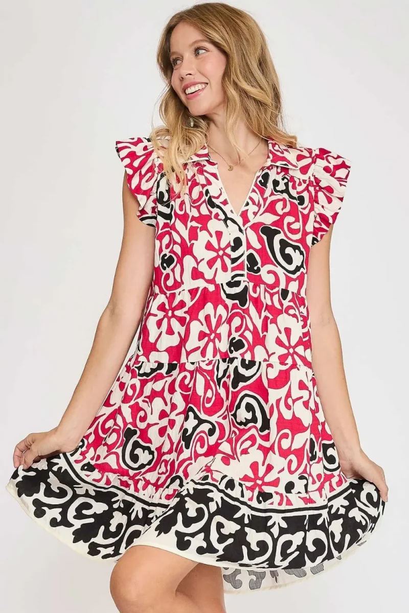 Floral Ruffled Cap Sleeve Tiered Dress - Deep Rose