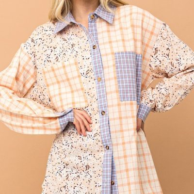 Floral and Plaid Color Block Shirts with Pocket - Peach