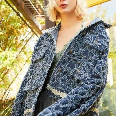 Flower Textured Raw Hem Long Sleeve Denim Jacket - Dark