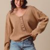 Frayed Cut Mineral Washed Deep V Neck Waffle Top - Coffee