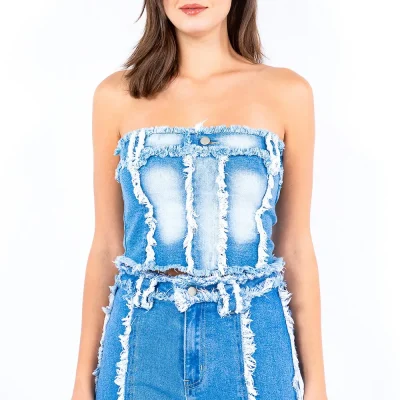 Frayed Edge Denim Corset Top - Lt Blue