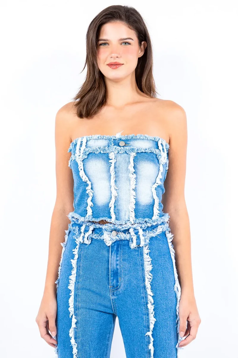Frayed Edge Denim Corset Top - Lt Blue