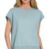 French Terry Round Neck Cap Sleeve T-Shirt - Blue Grey