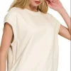 French Terry Round Neck Cap Sleeve T-Shirt - Bone