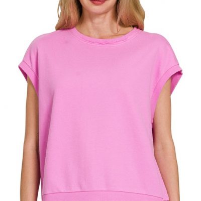 French Terry Round Neck Cap Sleeve T-Shirt - Bright Mauve