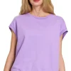 French Terry Round Neck Cap Sleeve T-Shirt - Lavender