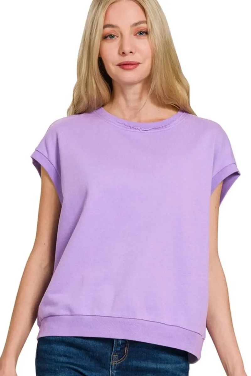 French Terry Round Neck Cap Sleeve T-Shirt - Lavender