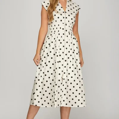 Front Zip Polka Dots Cap Sleeve Midi Dress - Off White