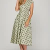 Front Zip Polka Dots Cap Sleeve Midi Dress - Sage