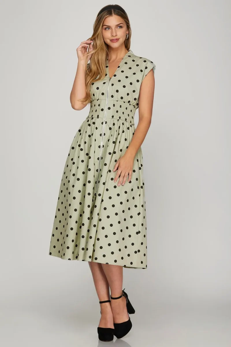 Front Zip Polka Dots Cap Sleeve Midi Dress - Sage