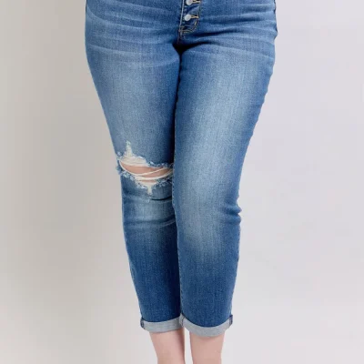 Full Size Button Fly Distressed Jeans With Pockets Plus Size - Medium