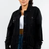Full Size Button Up Distressed Denim Jacket - Black