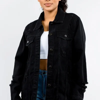 Full Size Button Up Distressed Denim Jacket - Black