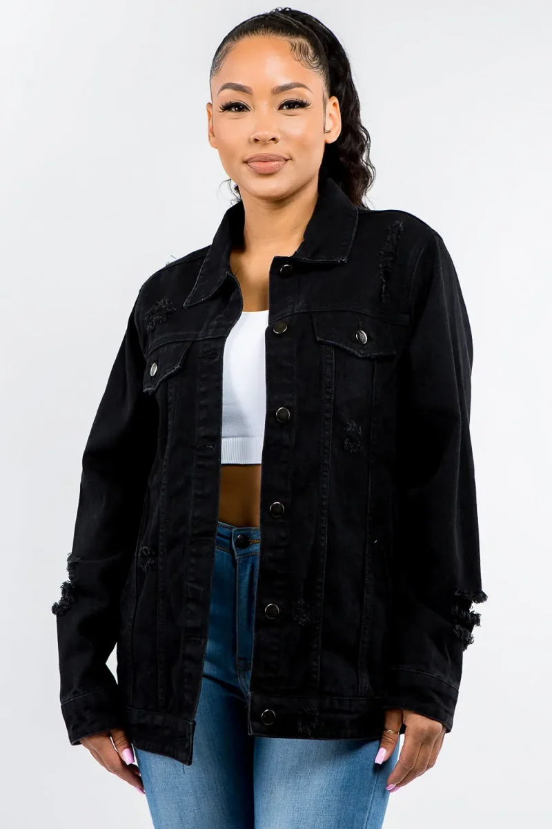 Full Size Button Up Distressed Denim Jacket - Black