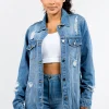 Full Size Button Up Distressed Denim Jacket - Blue
