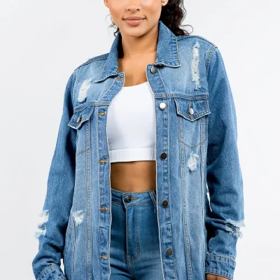 Full Size Button Up Distressed Denim Jacket - Blue