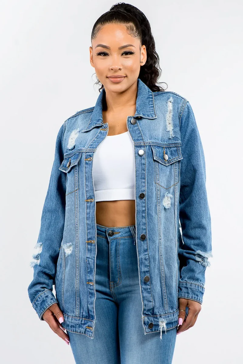 Full Size Button Up Distressed Denim Jacket - Blue
