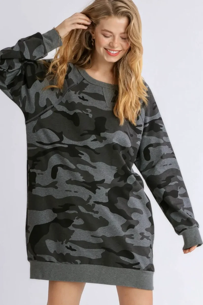 Full Size Camo Print Ribbed Hem French Terry Mini Dress Plus Size - Dark Gray