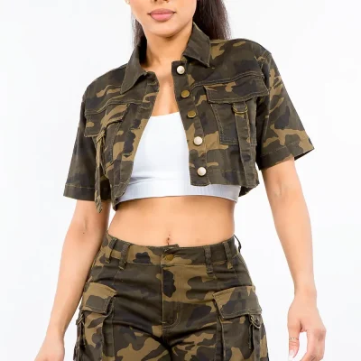 Full Size Camouflage Short Sleeve Cropped Jacket - Olive Camo