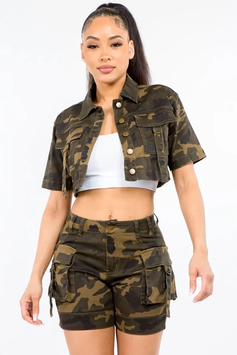 Full Size Camouflage Short Sleeve Cropped Jacket - Olive Camo