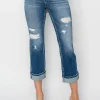 Full Size Cuffed Ankle Distressed Straight Jeans - Dark