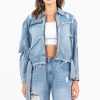 Full Size Distressed Frayed Edge Zip Up Denim Jacket Plus Size - Light Blue