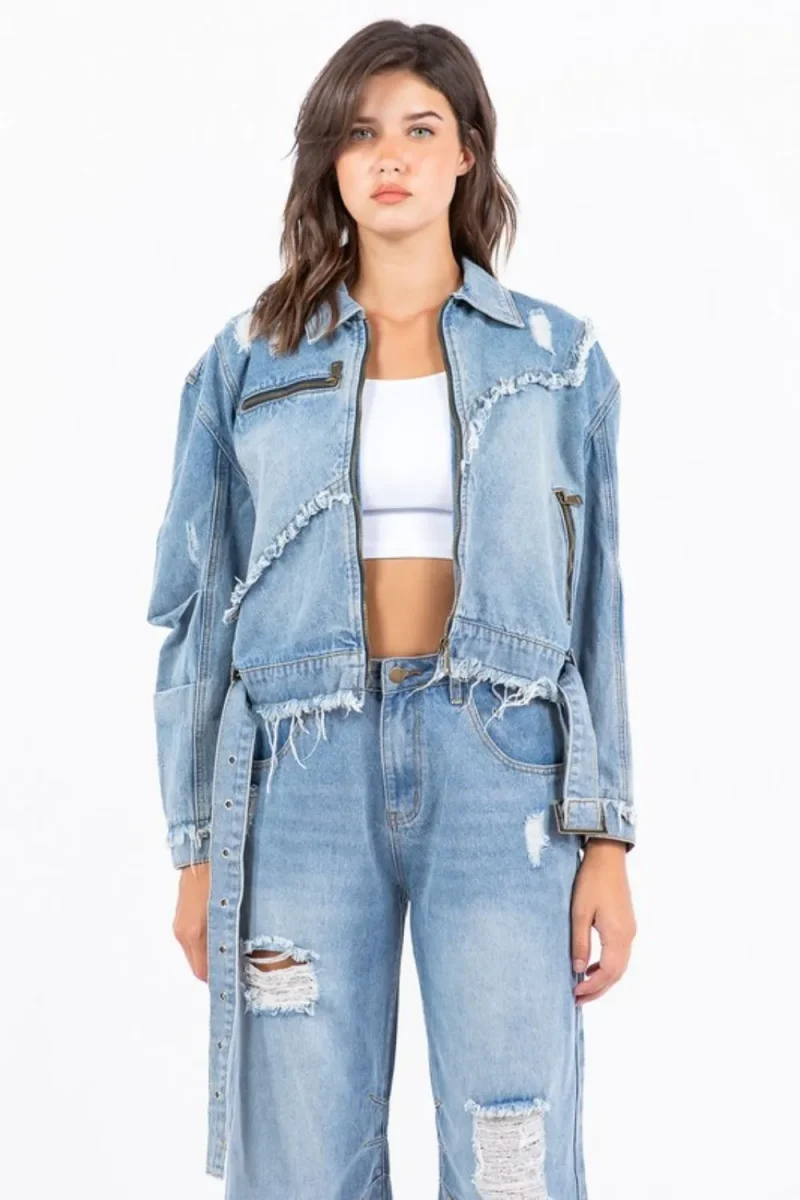 Full Size Distressed Frayed Edge Zip Up Denim Jacket Plus Size - Light Blue