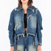 Full Size Distressed Frayed Edge Zip Up Denim Jacket Plus Size - Medium