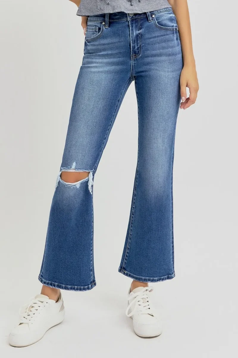 Full Size Distressed High Rise Crop Flare Jeans - Dark