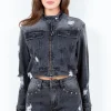 Full Size Distressed Star Stud Trim Denim Rider Jacket Plus Size - Black