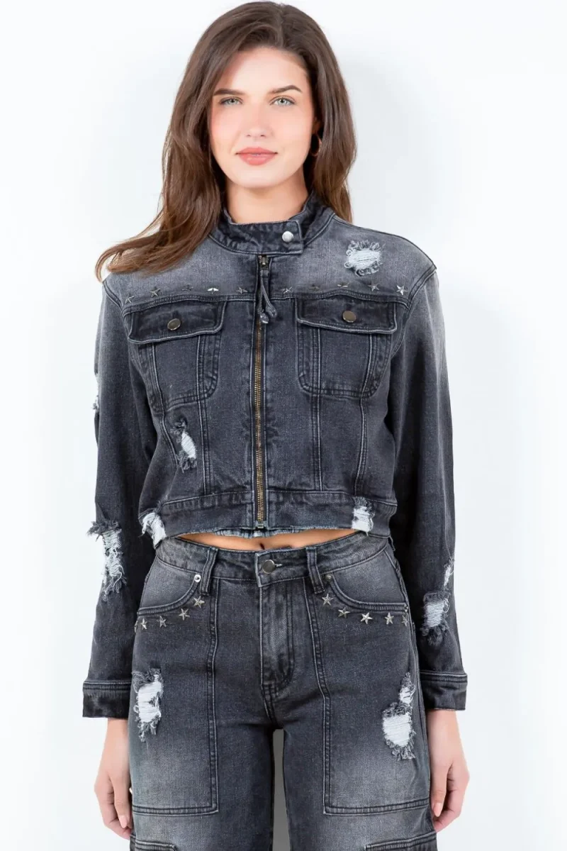 Full Size Distressed Star Stud Trim Denim Rider Jacket Plus Size - Black