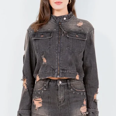 Full Size Distressed Star Stud Trim Denim Rider Jacket Plus Size - Vintage Wash