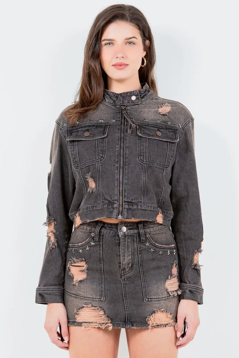 Full Size Distressed Star Stud Trim Denim Rider Jacket Plus Size - Vintage Wash