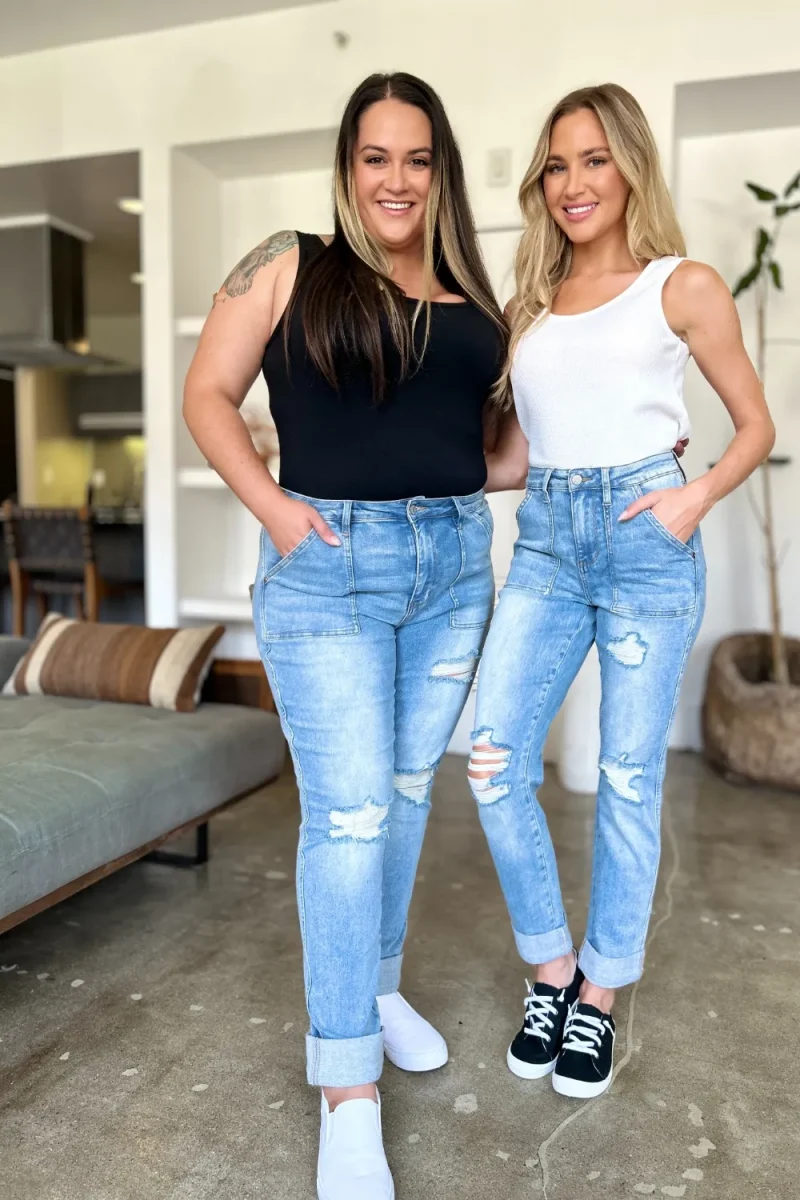 Full Size Distressed Straight Jeans With Patch Pockets - Medium