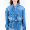 Full Size Drop Shoulder Cropped Denim Jacket With Waist Strap Plus Size - Blue