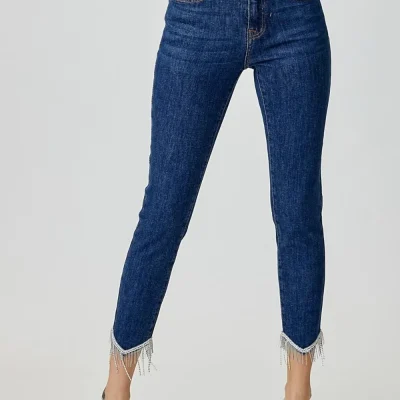 Full Size Embellished Mid Rise Crop Skinny Jeans - Dark