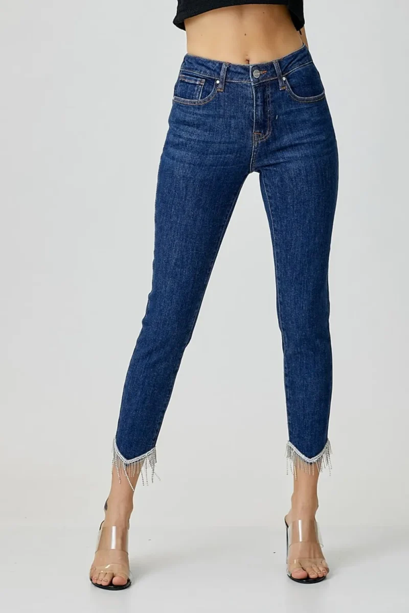 Full Size Embellished Mid Rise Crop Skinny Jeans - Dark