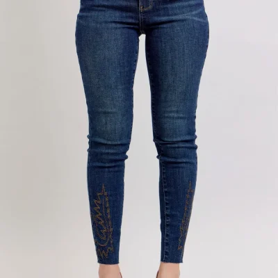 Full Size Embroidered High Rise Skinny Jeans Plus Size - Dark