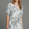 Full Size Floral Print Notched Puff Sleeve Mini Dress Plus Size - Off White