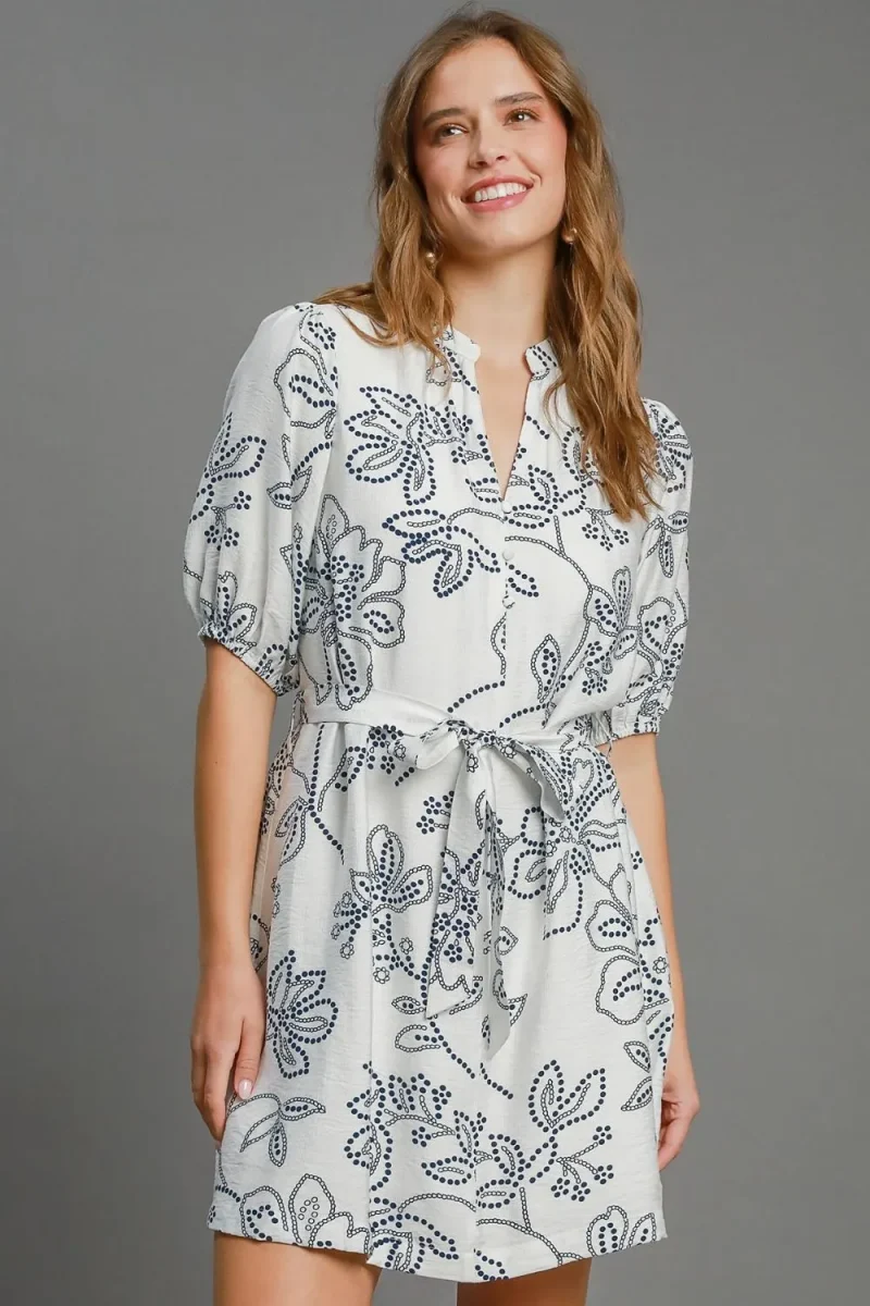 Full Size Floral Print Notched Puff Sleeve Mini Dress Plus Size - Off White