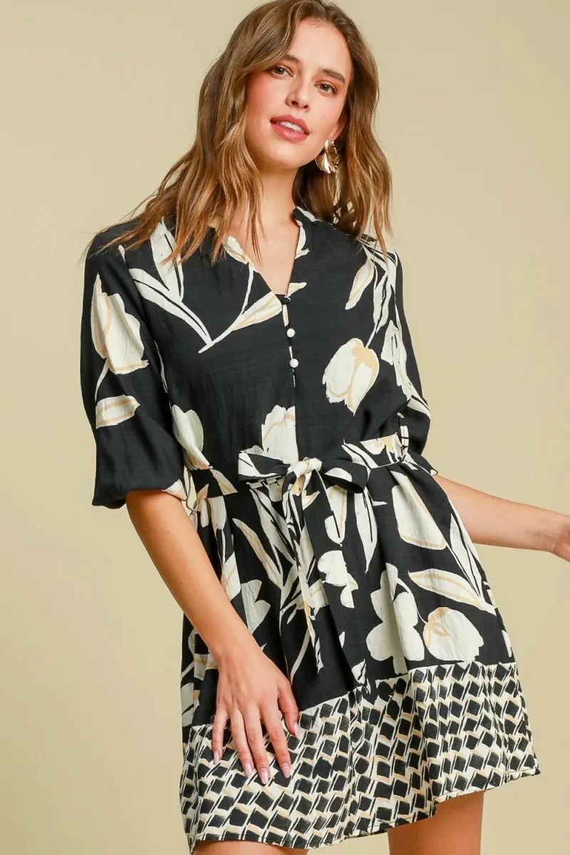 Full Size Floral Print Notched Tie Waist Mini Dress Plus Size - Black