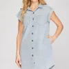 Full Size Folded Cuff Button Down Washed Twill Shirt Dress Plus Size - Blue Grey