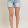Full Size Frayed Hem High Rise Denim Shorts With Pockets Plus Size - Light