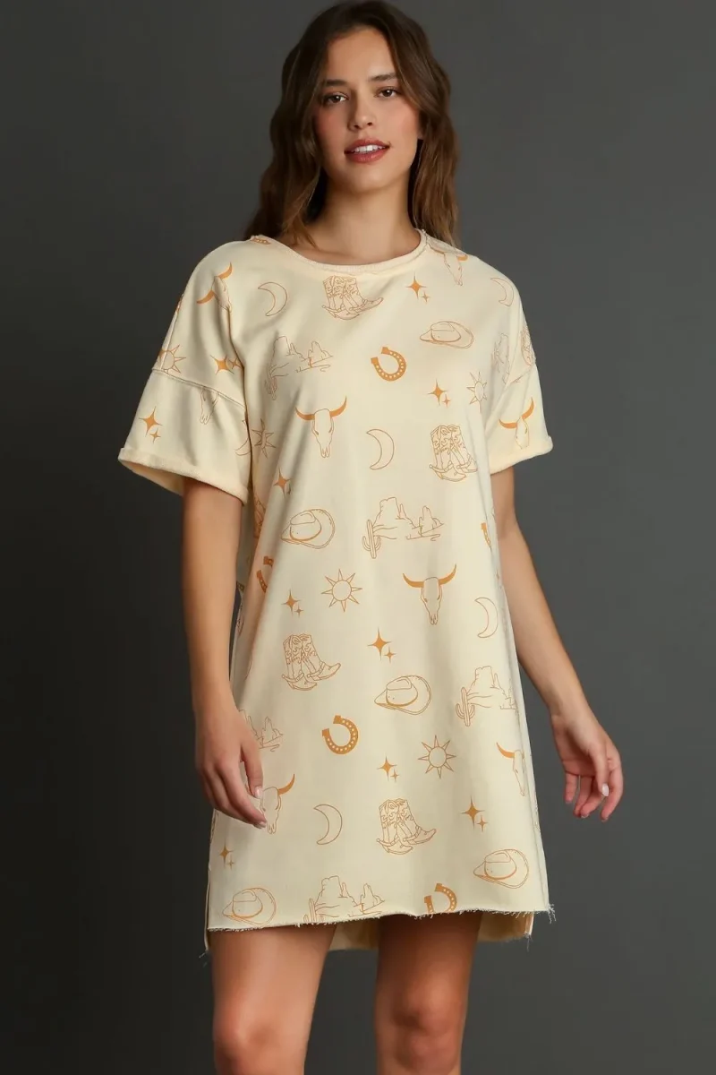 Full Size French Terry Short Sleeve Round Neck Dress Plus Size - Natural