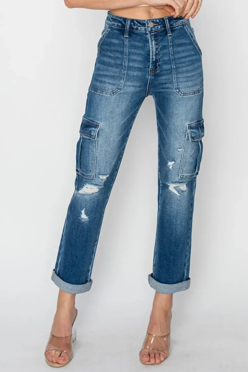 Full Size High Rise Cargo Ankle Roll Up Straight Jeans - Dark