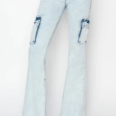 Full Size High Rise Cargo Flare Jeans - Acid Light