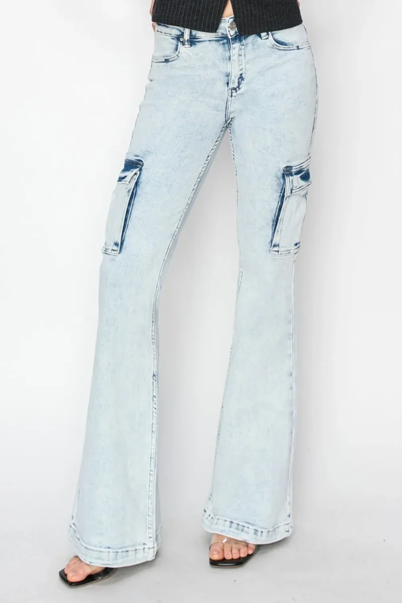 Full Size High Rise Cargo Flare Jeans - Acid Light